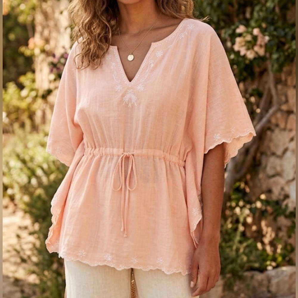 Fun & Flirt Peach Embroidered Butterfly‎ Sleeve Boho Blouse V-Neck Empire Waist